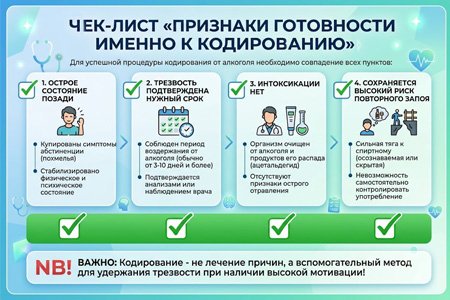 Инфографика чек-лист признаков готовности пациент к кодированию
