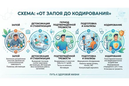Инфографика: этапы лечения алкоголизма от запоя до кодирования