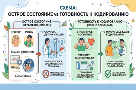 Инфографика разграничения острого состояния и готовности к кодированию