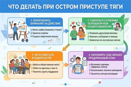 Инфографика с шагами при остром приступе тяги