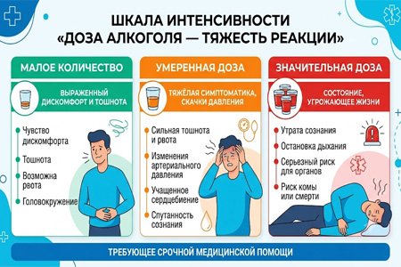 Инфографика шкалы интенсивности реакции на дозу алкоголя с тремя уровнями тяжести